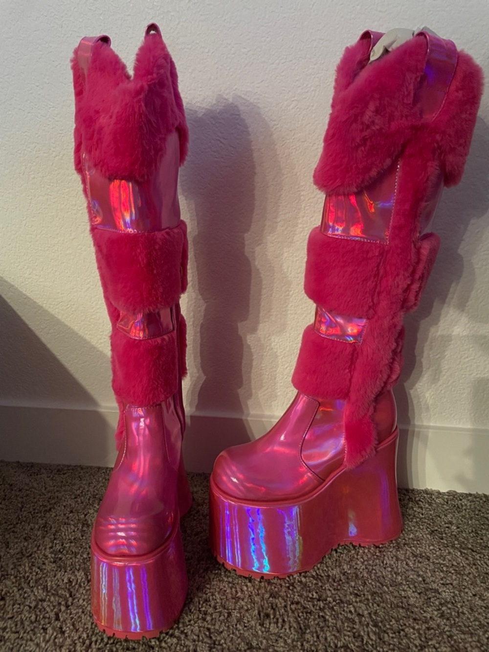 Hot Pink Holographic Snowy Rodeo Knee-High Boots